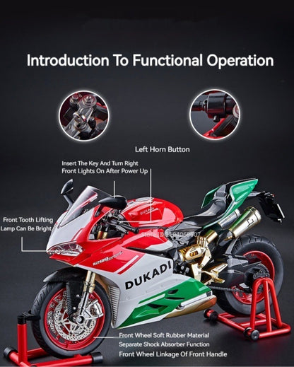Modelos de motocicleta em miniatura 1:9 Scale 1299 V4S Brinquedos de motocicleta de liga leve com som, luz e absorção de choque, motocicletas de ornamento para presentes infantis