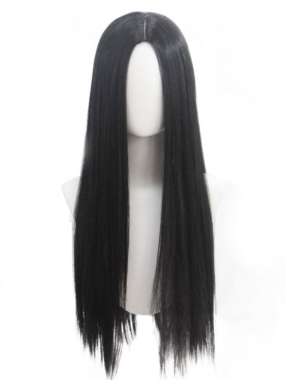 A Família Addams Personagem de Filme Peruca Preta Longa Lisa Sintética para Halloween Cosplay Peruca Adequada para o Filme
