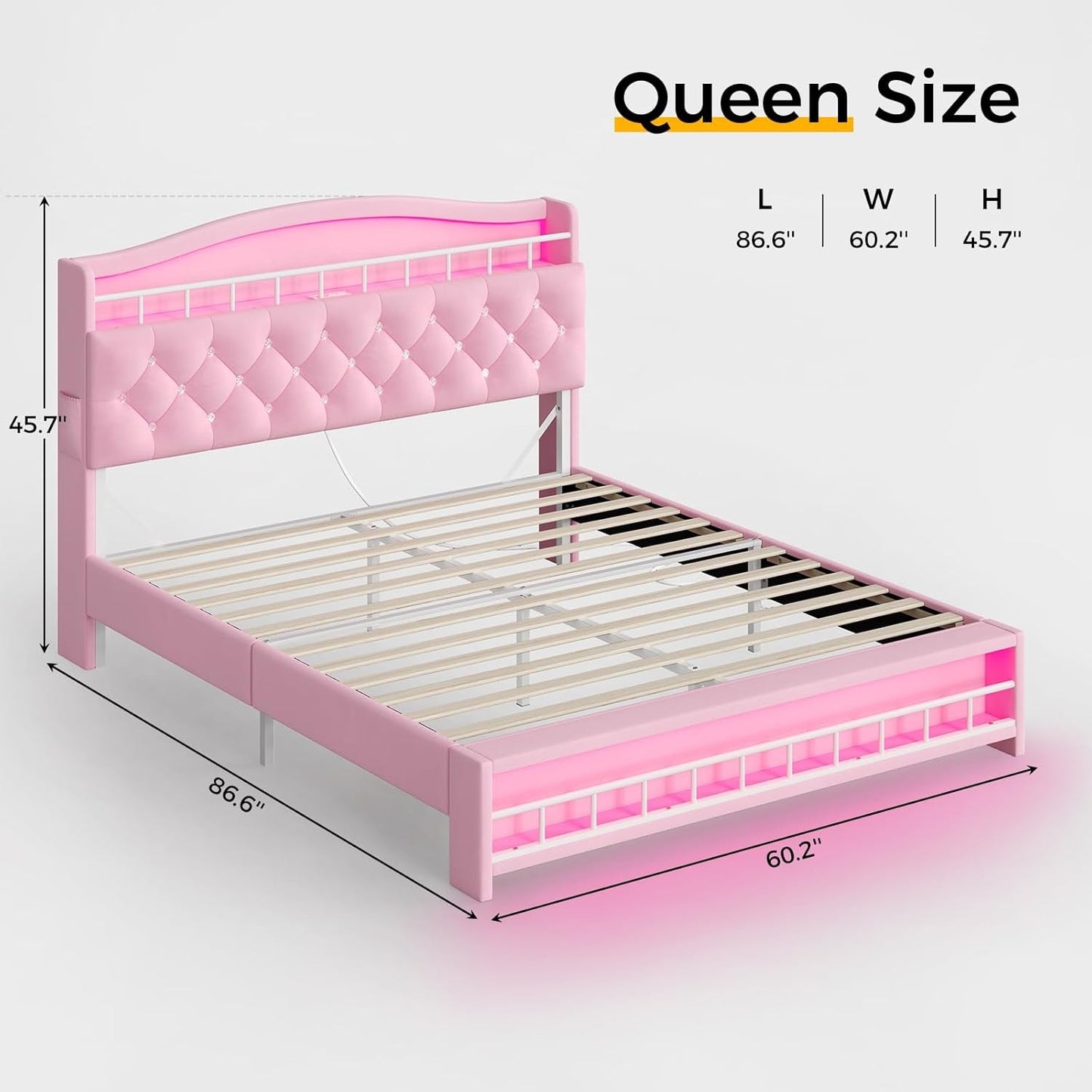 Nova Cama Queen Size Menina com Luzes de LED e Estação de Carregamento, Estrutura de Cama Queen Size de Princesa com Cabeceira com Armazenamento Oculto
