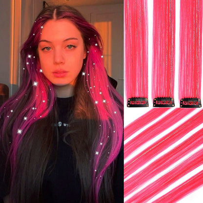 Extensões de Cabelo Sintéticas Rosa Choque com 6 Clipes, Mechas Metálicas, Extensões Coloridas de 55cm, Cabelo Arco-Íris 2 em 1