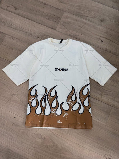 High Street Trendy Clothing Retro Fashion Flame Harajuku Oversized T-shirt Men Street Hip-hop Casual Loose Short Sleeve Women