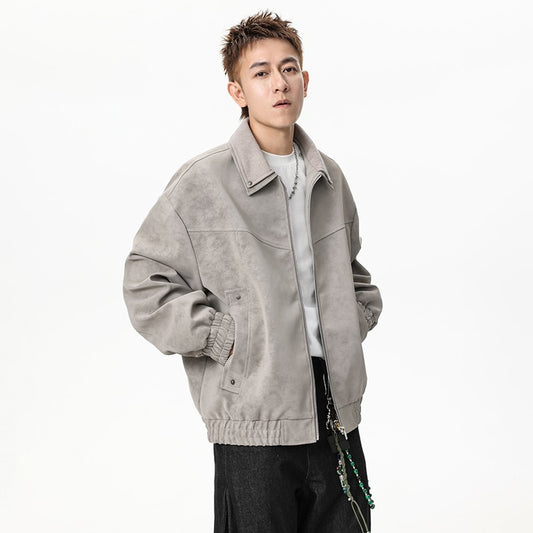 American Vintage-Style PU Leather Jacket for Men - Oversized Casual Lapel Jacket