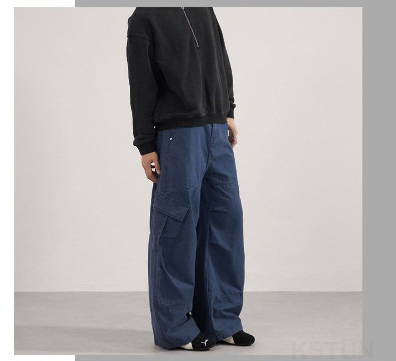 KSTUN 2025 Men Washed Vintage Cargo Pants 100% Cotton Loose Fit Oversize Multi-Pockets Trousers Blue Male Casual Scimitar Pants