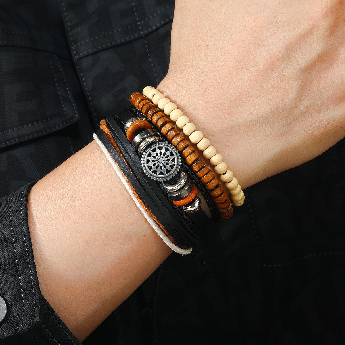 Conjunto de 4 Pulseiras Masculinas Trançadas de Couro com Fecho, Vintage Árvore da Vida Leme, Miçangas de Madeira, Étnicas Tribais, Bracelete de Corda