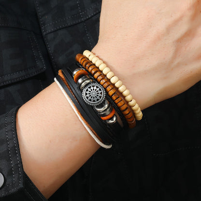 Conjunto de 4 Pulseiras Masculinas Trançadas de Couro com Fecho, Vintage Árvore da Vida Leme, Miçangas de Madeira, Étnicas Tribais, Bracelete de Corda