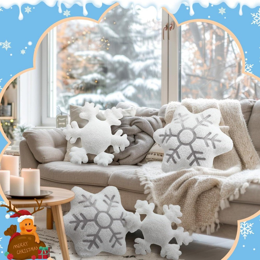 Set of 4 Christmas Snowflake Throw Pillows - White Sherpa Stuffed Winter Decorative Cushions