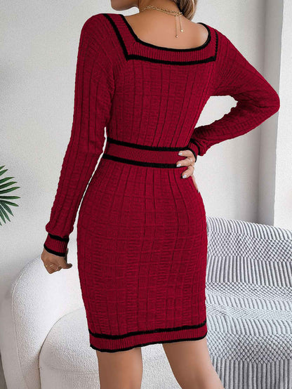 VigoCasey 2025 Women Blue Bodycon Knit Dress Autumn Winter Casual Long Sleeve Dress Lady Casual Square Neck Knitted Dresses