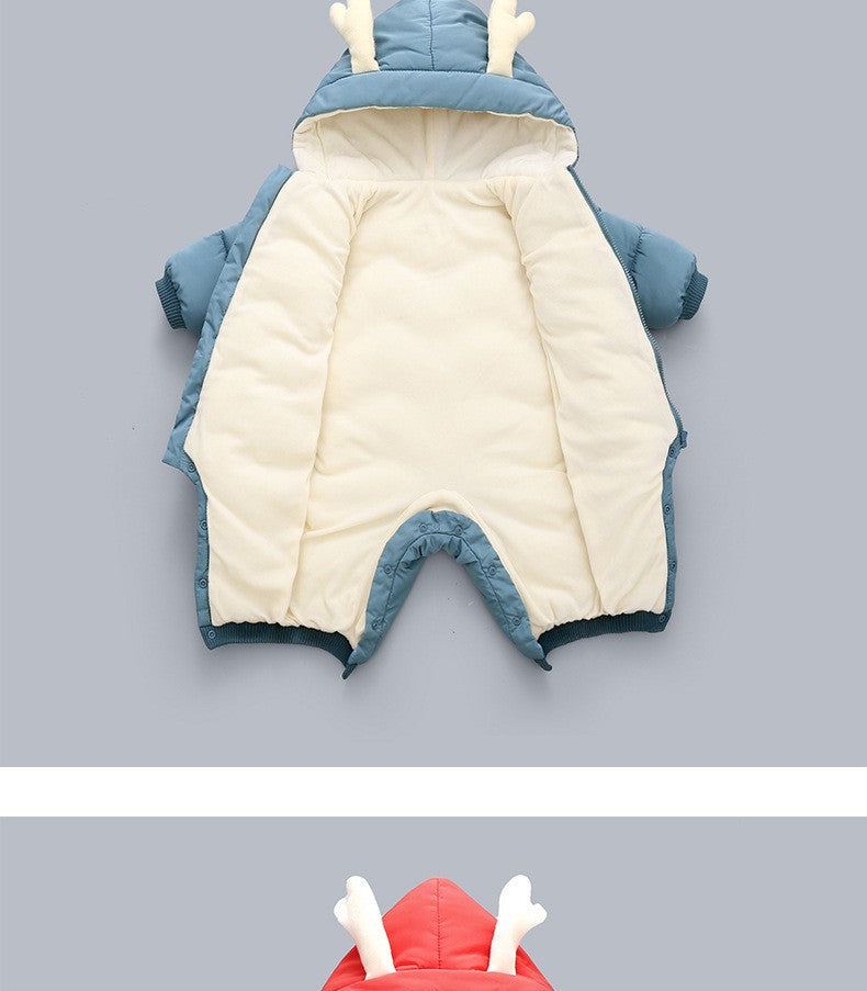 Demin-season Winter Kids Boys Rompers 2025 Cartoon Pockets Hooded Bodysuit For 0-3Y Newborn Infant Babys Boys One-piece Jumpsuit