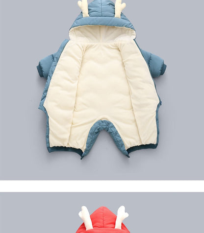 Demin-season Winter Kids Boys Rompers 2025 Cartoon Pockets Hooded Bodysuit For 0-3Y Newborn Infant Babys Boys One-piece Jumpsuit