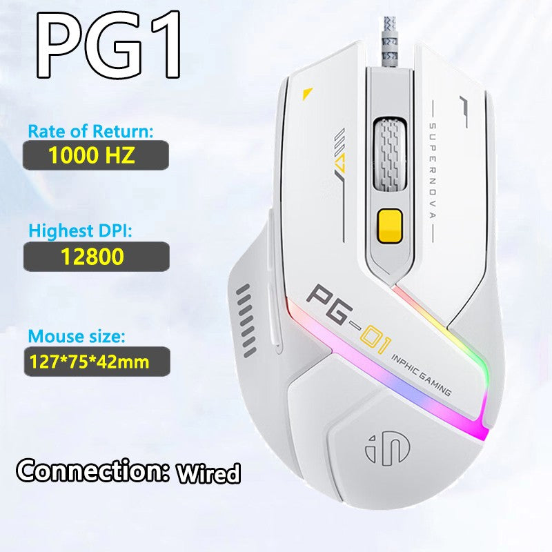 Mouse Inphic PG1 com Fio para Escritório/Jogos com 12 Efeitos de Iluminação RGB e 12800DPI, Adequado para Desktops e Laptops
