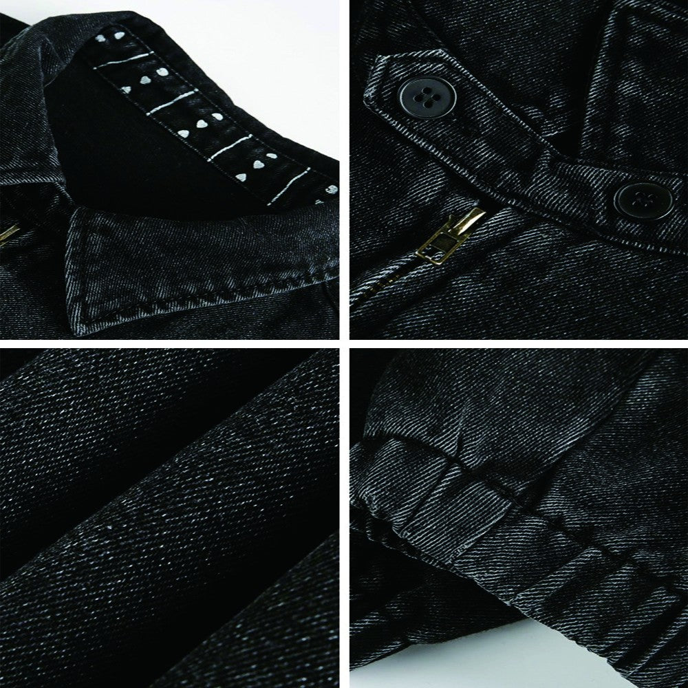 Men's Autumn New Washed Vintage Cargo Denim Jacket with Printed Collar - Trendy Retro Style