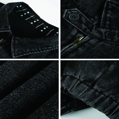Men's Autumn New Washed Vintage Cargo Denim Jacket with Printed Collar - Trendy Retro Style