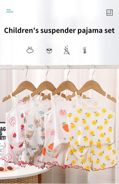 2 Pcs 2025 Summer Girl's Pajamas Sets Loungewear Set Strap Sleepwear Pants Skirt Baby Girl Clothes Sleeveless Children's Clothes