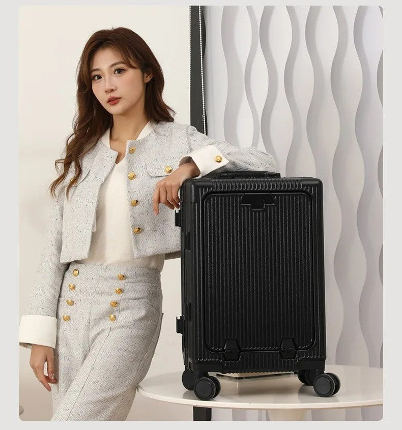 Suitcase Front Opening Pocket Aluminum Alloy Frame Rolling Luggage with USB Charging Plug Trolley Carry-on Case Bag with Wheel