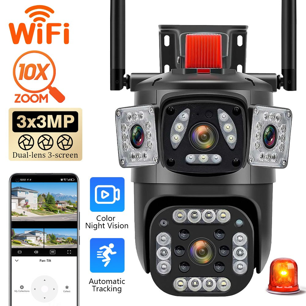 9MP 8K WiFi Camera Outdoor 10X Zoom Three Lens Dual Screen PTZ Waterproof Surveillance Security Video Street Camera