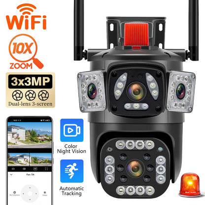 9MP 8K WiFi Camera Outdoor 10X Zoom Three Lens Dual Screen PTZ Waterproof Surveillance Security Video Street Camera