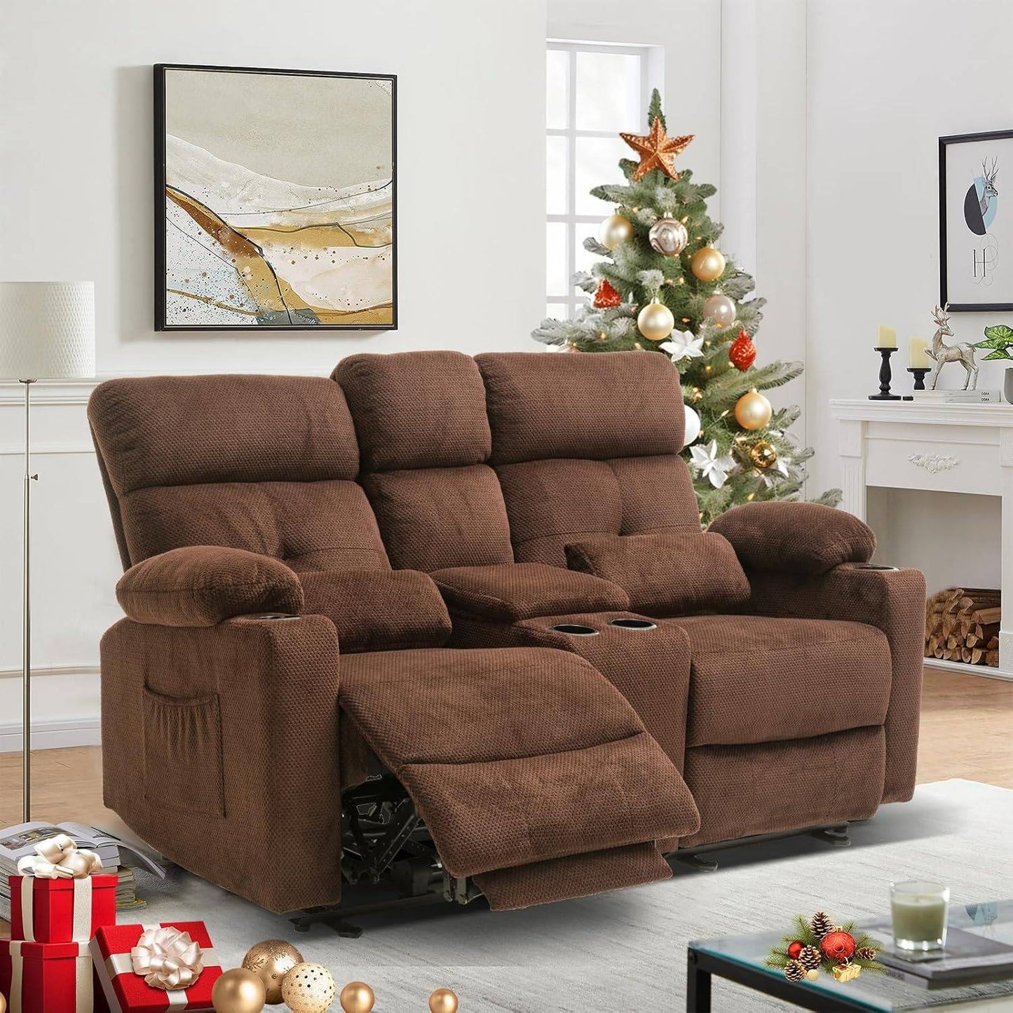 Sofá Reclinável Elétrico de 2 Lugares | Sofá Reclinável de 2 Lugares com Console e Porta-Copos | Sofá Reclinável Duplo | Assentos para Sala de Cinema
