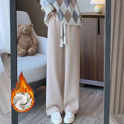 Winter Lady High Waisted Fleece Pants Girls Warm Thermal Straight Leg Trousers Female Classic Solid Drawstring Pants