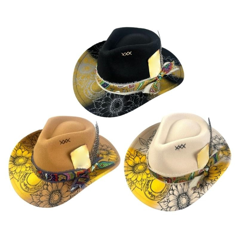 P9FE Western styles Felts Cowgirls Hat With Ribbon Trim And Detail For Outdoor Event Casual Wear