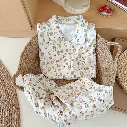 Sweet Cute Goose Print Korean Fashion Women's Pajamas Nightwear Kawaii Casual Lapel Neck Y2K Pajamas Set Autumn New Loungewear