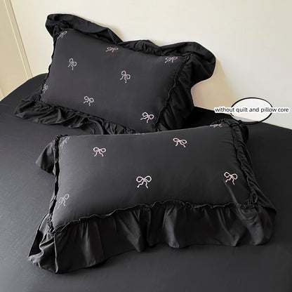 3pcs bow embroidery Bedding set ruffles Duvet Cover Set (1*Duvet Cover + 2*Pillowcase, Without Core)for bedroom guest room