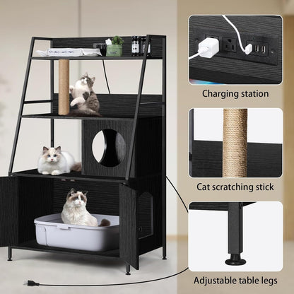 Caixa de Areia para Gatos com Estação de Carregamento e Prateleiras - Móvel Alto Escondido com Ajuste Universal, Armário de Armazenamento (Preto)
