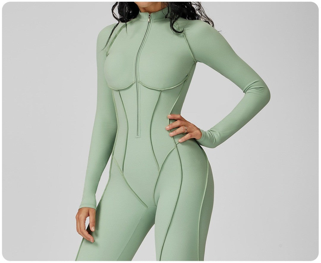 Seamless Yoga Jumpsuit Peach Hip High Elasticity Zipper Bodysuit Long Sleeves One-Piece Workout Clothes Gym Leggings Sportswear