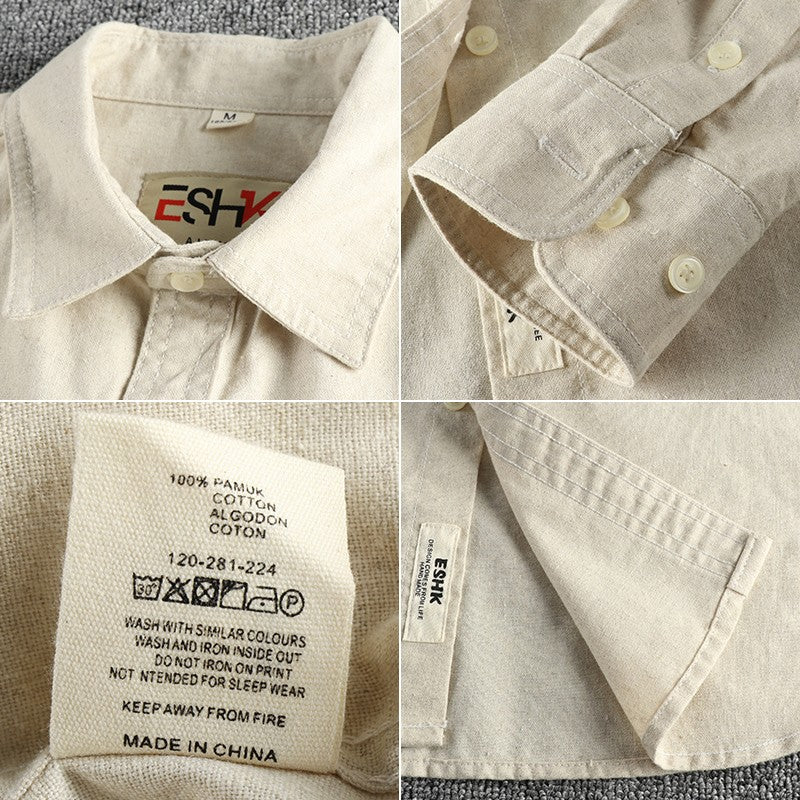 2025 Spring New Japanese Retro Long Sleeve Lapel Cotton and Linen Cargo Shirt Men's Simple Single Pocket Casual Loose Blouses