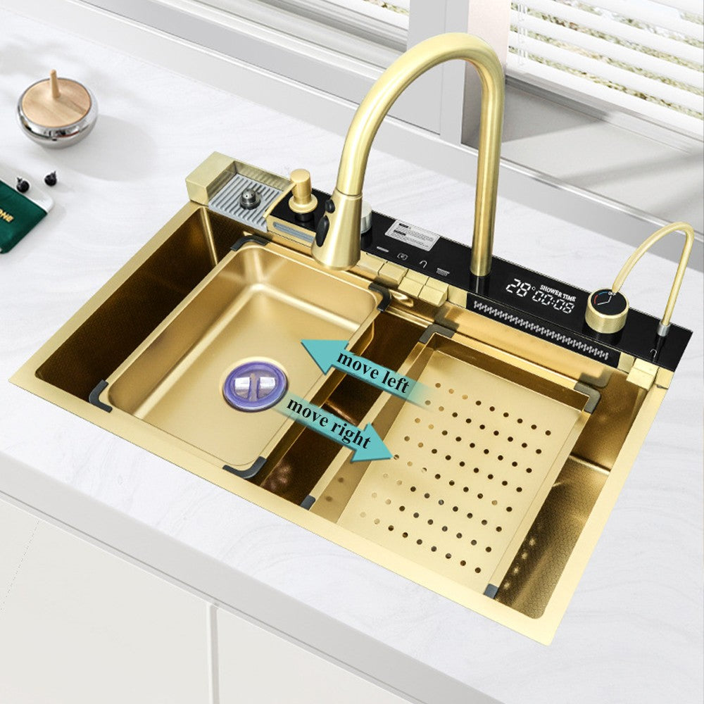 Multifunctional Kitchen Waterfall Sink Digital Display Large Single Gray Sink Dish Basin Sink 304 Stainless Steel