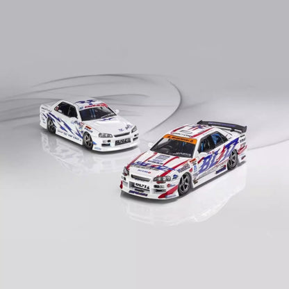 Novo em estoque Mortal 1:64 Nissan GTR D1GP Blitz ER34 Liga Miniatura Diecast Modelo Conjunto de Dois Carros Versão D1GP Brinquedos de Modelo de Carro Presente