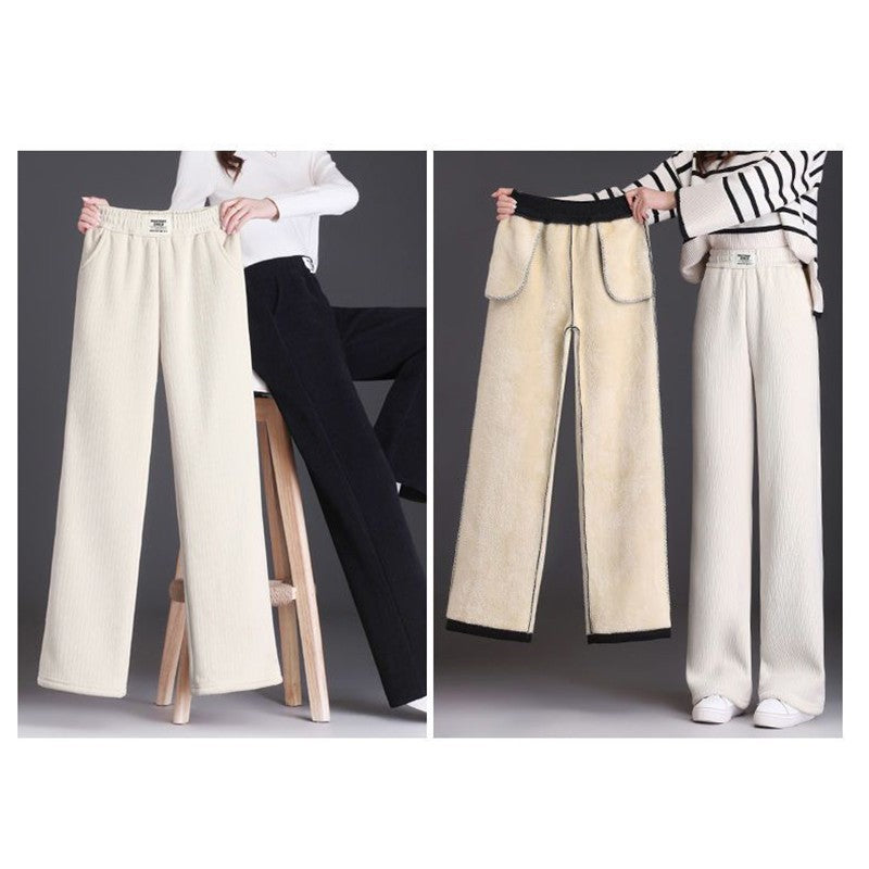 Winter Women Chic Straight Leg Thermal Fleece Pants Girls High Waist Plush Daily Trousers Lady Snow Warm Casual Thin Pants