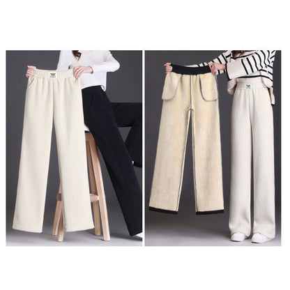 Winter Women Chic Straight Leg Thermal Fleece Pants Girls High Waist Plush Daily Trousers Lady Snow Warm Casual Thin Pants