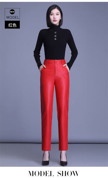 2023 Spring Autumn Sheepskin Pants Women High-waist Straight Pants Slim Lady Genuine Leather Casual Trousers Ankle-Length Pants