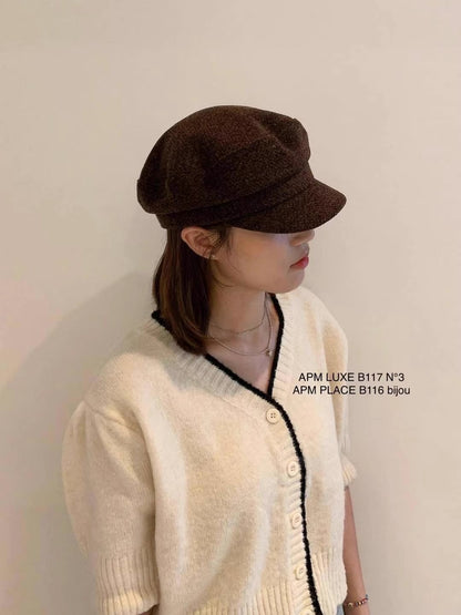 Korean Blogger Same Style Metal Button Autumn Winter Maillard Duck Bill Hat Woolen Newsboy Cap Eight Panel Hat for Women
