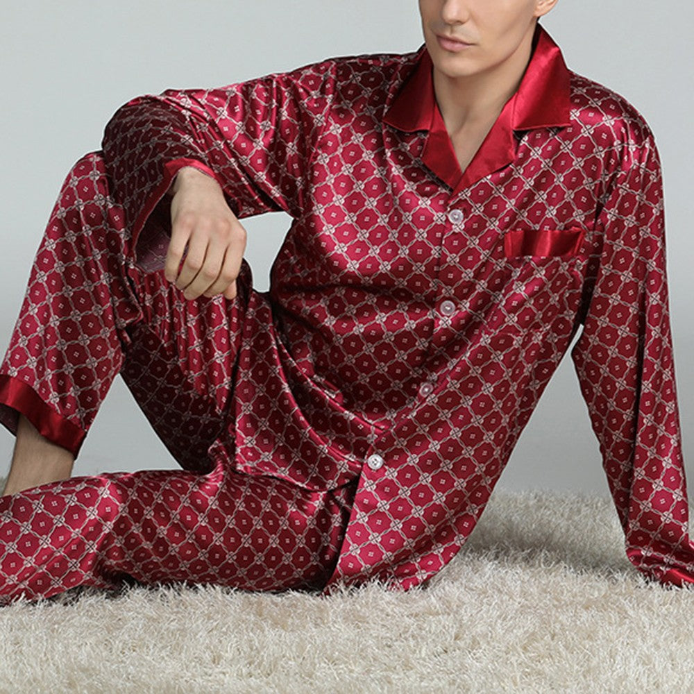 Mens Satin Silk Pajama Sets Sleepwear Casual Nightgown Loose Loungewear Pajamas Pijamas Autumn New Print Nightwear Homewear