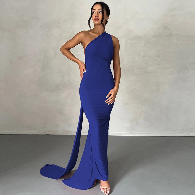 Hugcitar One Shoulder Backless Adjustable Scarf Loop Ruched Sexy Maxi Dress Wome