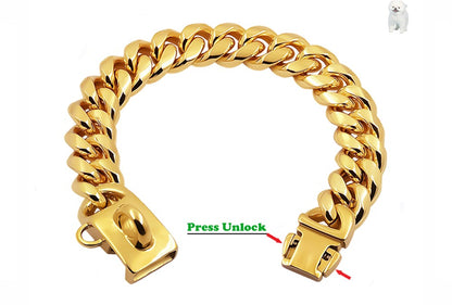 Coleira de Metal para Cães Aço Inoxidável Choker para Pets Corrente Cubana Dourada 14mm de Largura Guia para Cães Pequenos, Médios e Grandes Acessórios para Pets