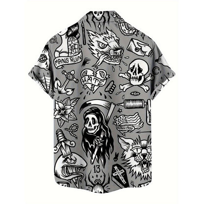3D Skull Print Hawaiian Shirt, Street Gothic Style, Retro Fashion Flip-Top Shirt, Casual Summer Shirt, Beach Comics Shirt