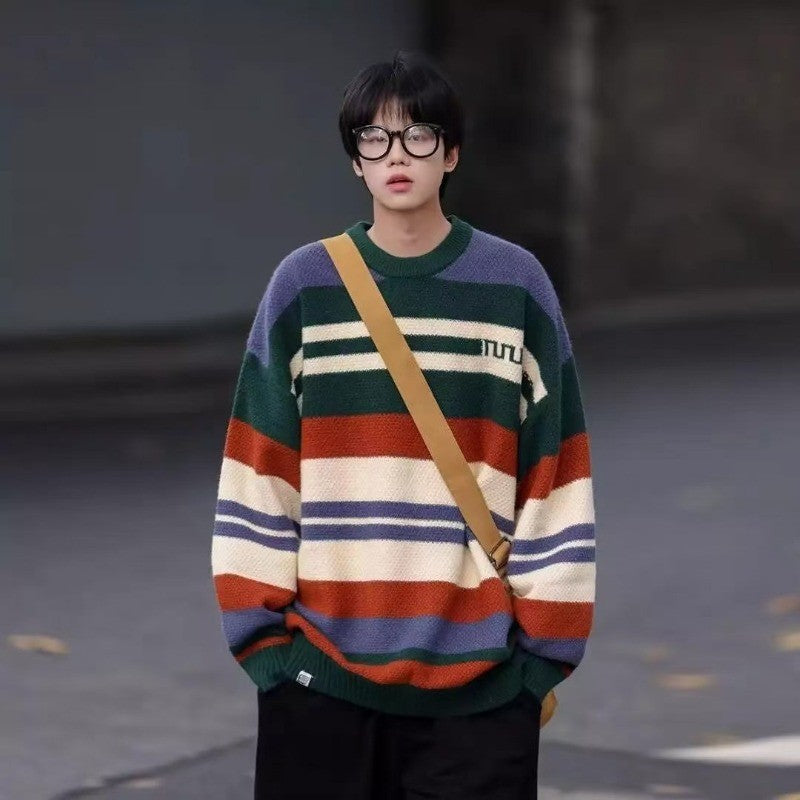 Simple Versatile Trendy Men's Crew Neck Sweater Contrasting Stripes Casual Loose Neutral Style Pullover