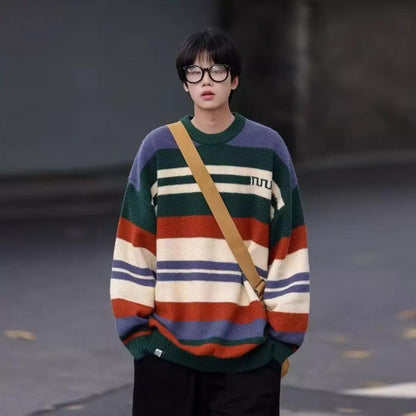 Simple Versatile Trendy Men's Crew Neck Sweater Contrasting Stripes Casual Loose Neutral Style Pullover