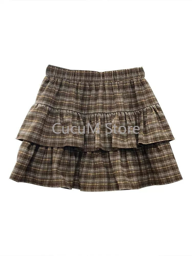 Japanese Y2k Cute Ruffled Plaid Skirt Punk Rock Subculture Cake Skirts Japanese Preppy Style Casual New 2025 Women Skirts