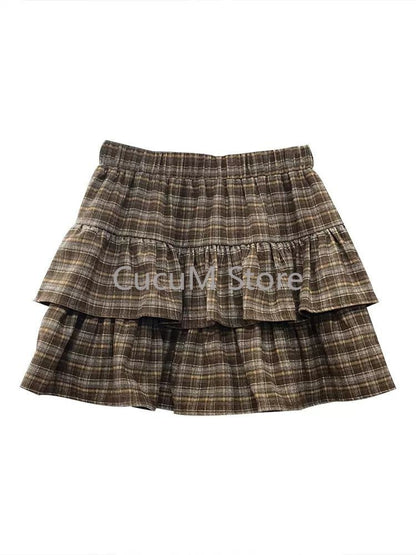 Japanese Y2k Cute Ruffled Plaid Skirt Punk Rock Subculture Cake Skirts Japanese Preppy Style Casual New 2025 Women Skirts