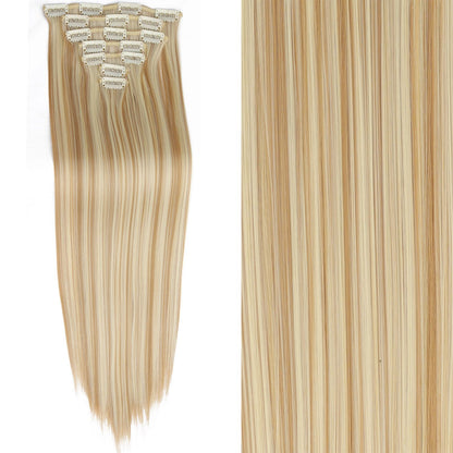 7 peças/conjunto de aplique de cabelo com 16 grampos, preto, longo e liso, cabelo natural, aplique de cabelo ombre, fibra resistente ao calor para penteado feminino