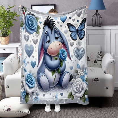 [Super Soft | Eeyore Plush] 1pc Super Soft Eeyore Plush Blanket | Flannel Bedspread with Logo Blue Roses & Hearts