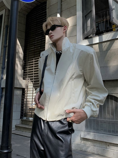 Stand Up Collar Design PU Leather Jacket Men's Retro Shoulder Pad Motorcycle Short Jacket Top