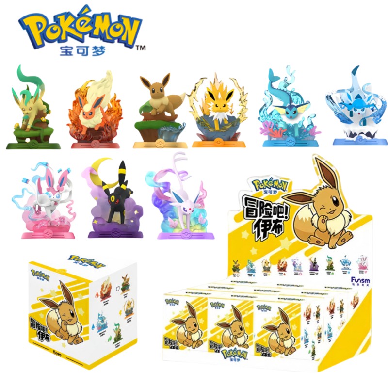 Anime Pokemon Funism Aventura Original Eevee Família Terno BlindBox Flareon Espeon Sylveon Action Figure Coleção Modelo de Brinquedo Presente
