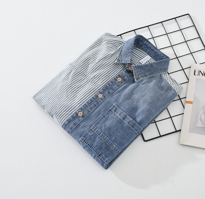 New Men's Denim Shirts Spring Streetwear Long Sleeve Jean Tops Slim Stripe Patchwork Design Cowboy Shirt Youth Fashion Overshirt