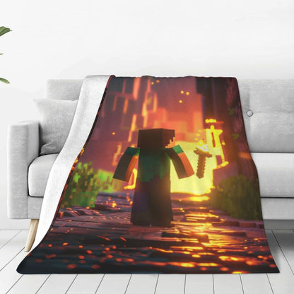 Cartoon Mines Pixel Game Crafts Flannel Blanket Super Warm Throw Blanket for Home Decor Decorative Street Trend Bedspread