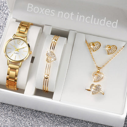 6PCS/Set Women's Watch Fashion Stainless Steel Band Analog Quartz Watches Heart Jewelry Set?Without Box?