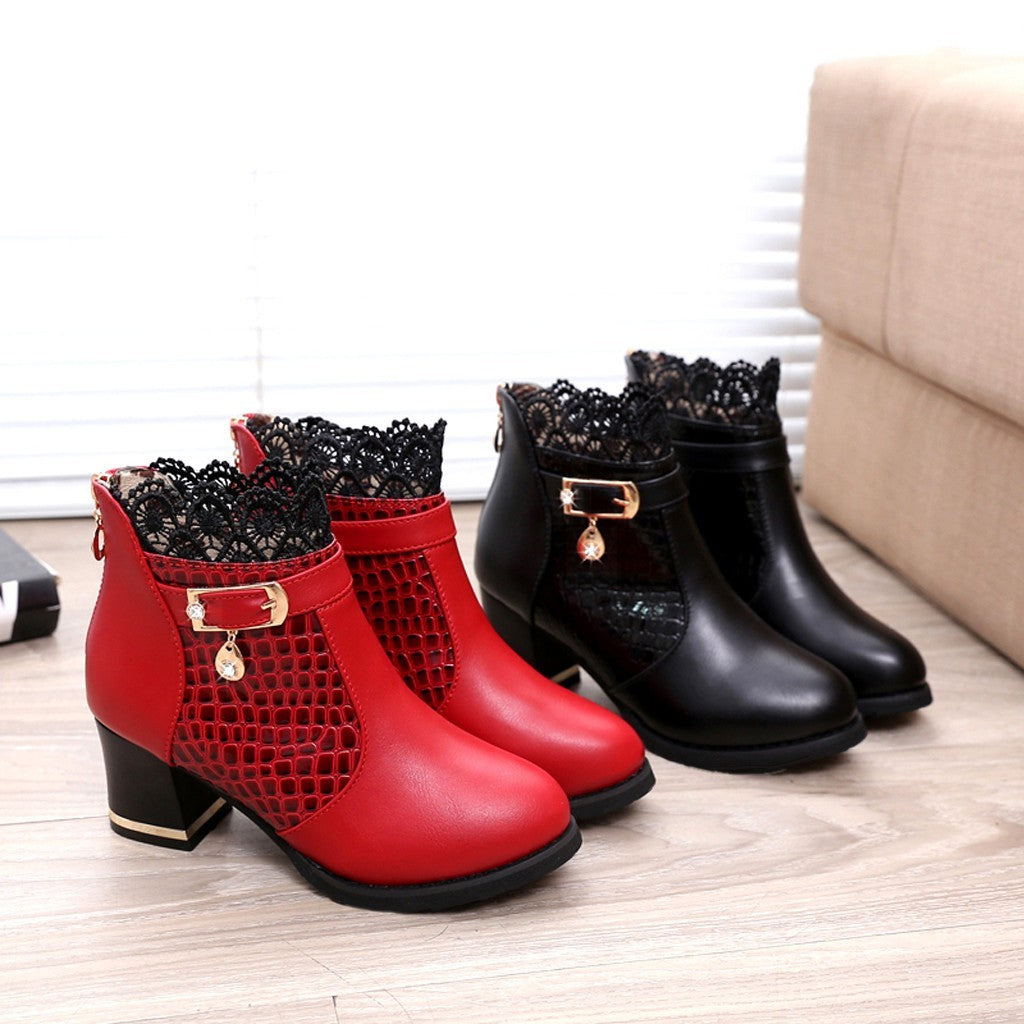 Women'S Ladies Boots Fall Winter Vintage Leather Lace Short Boots Shoes Women'S Fashion Lace Trim Boots Mid-Heeled Boots
